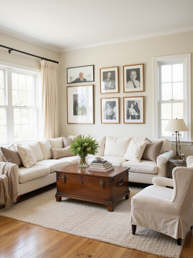 Cream living room showcasing personalized heirlooms and family photos