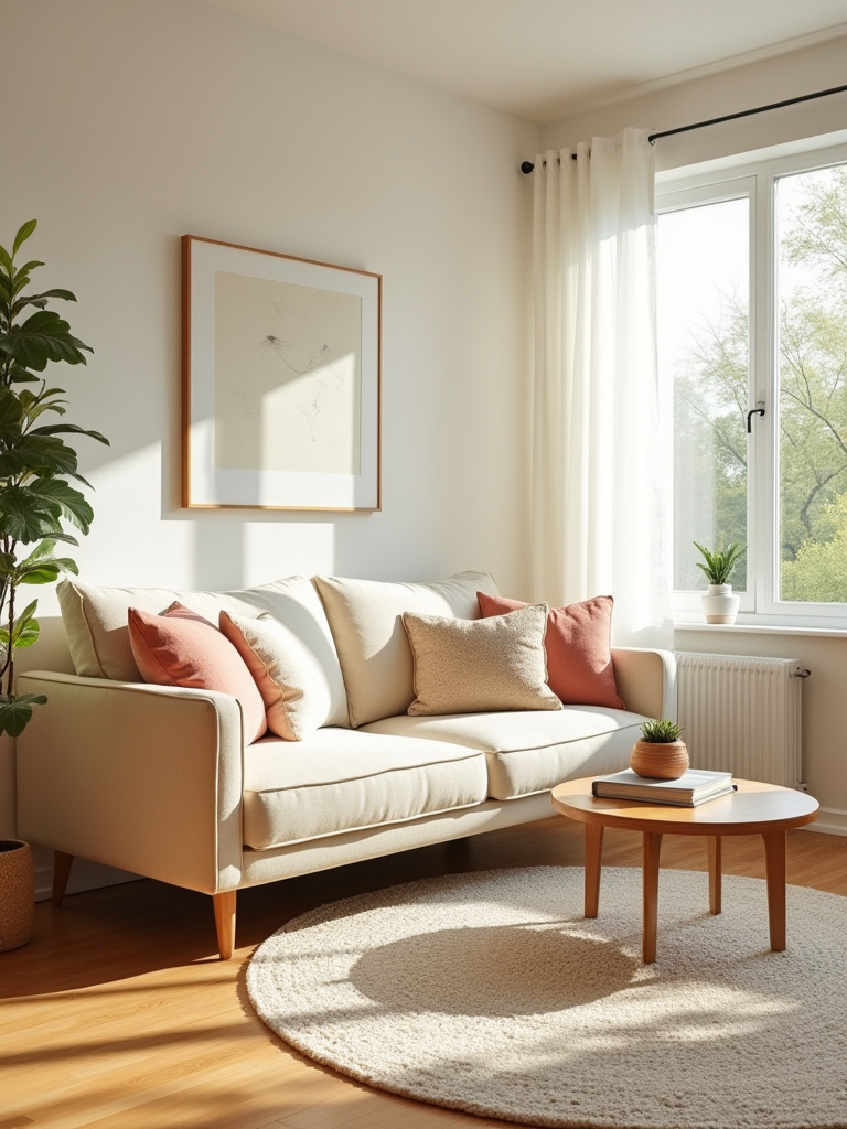 A decorated cream living room with colorful throw pillows and natural light.