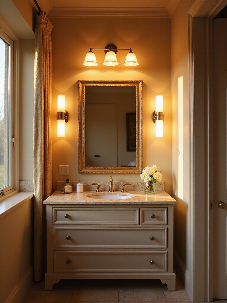 Elegant bathroom vanity with quality lighting highlighting the mirror and countertop.