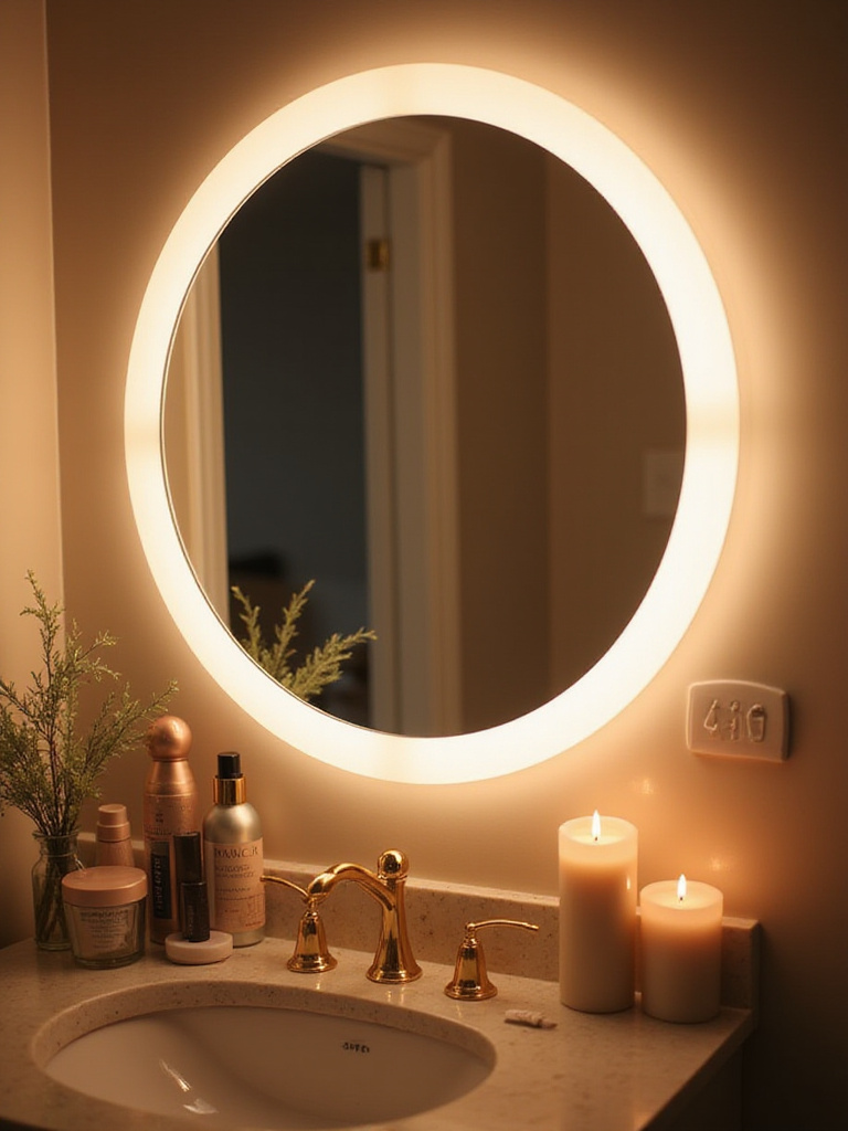 Bathroom vanity with high CRI lighting reflecting accurate skin tones and makeup colors.