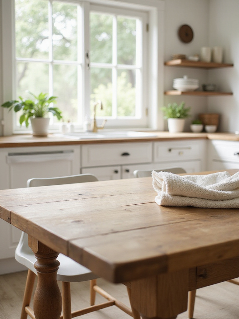 Well-maintained farmhouse kitchen table with a smooth wood finish, bathed in natural light, symbolizing proper care.