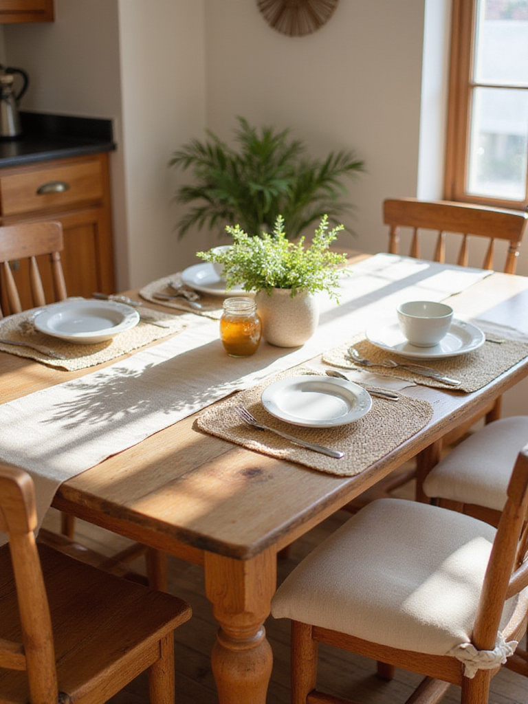 Farmhouse kitchen table protected with placemats, coasters, and runner, bathed in natural light.