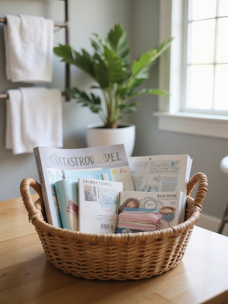 Guest bathroom with a basket of light reading material and soft lighting