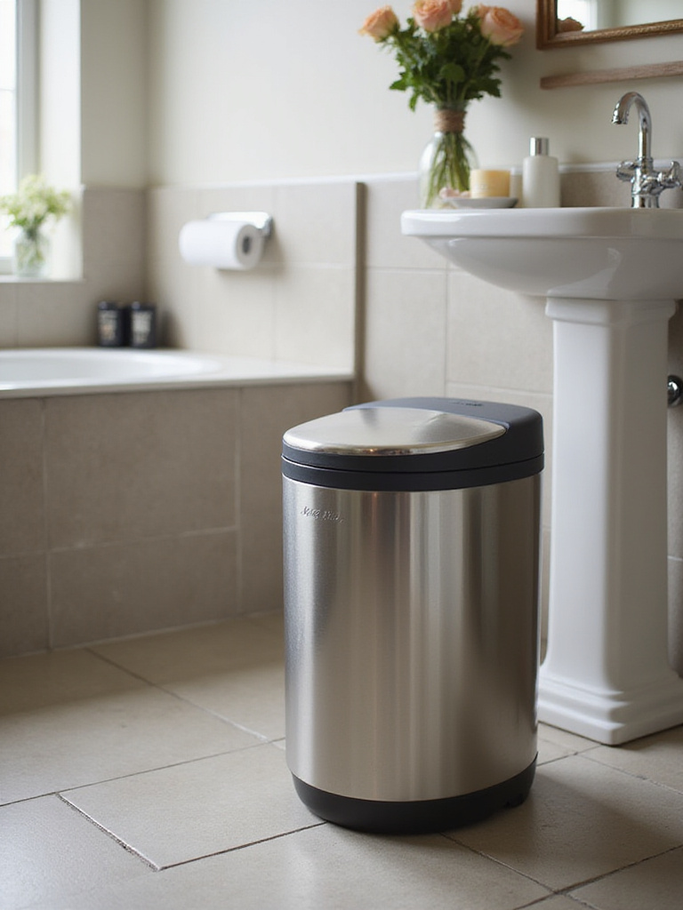 Stylish lidded trash can in a modern guest bathroom