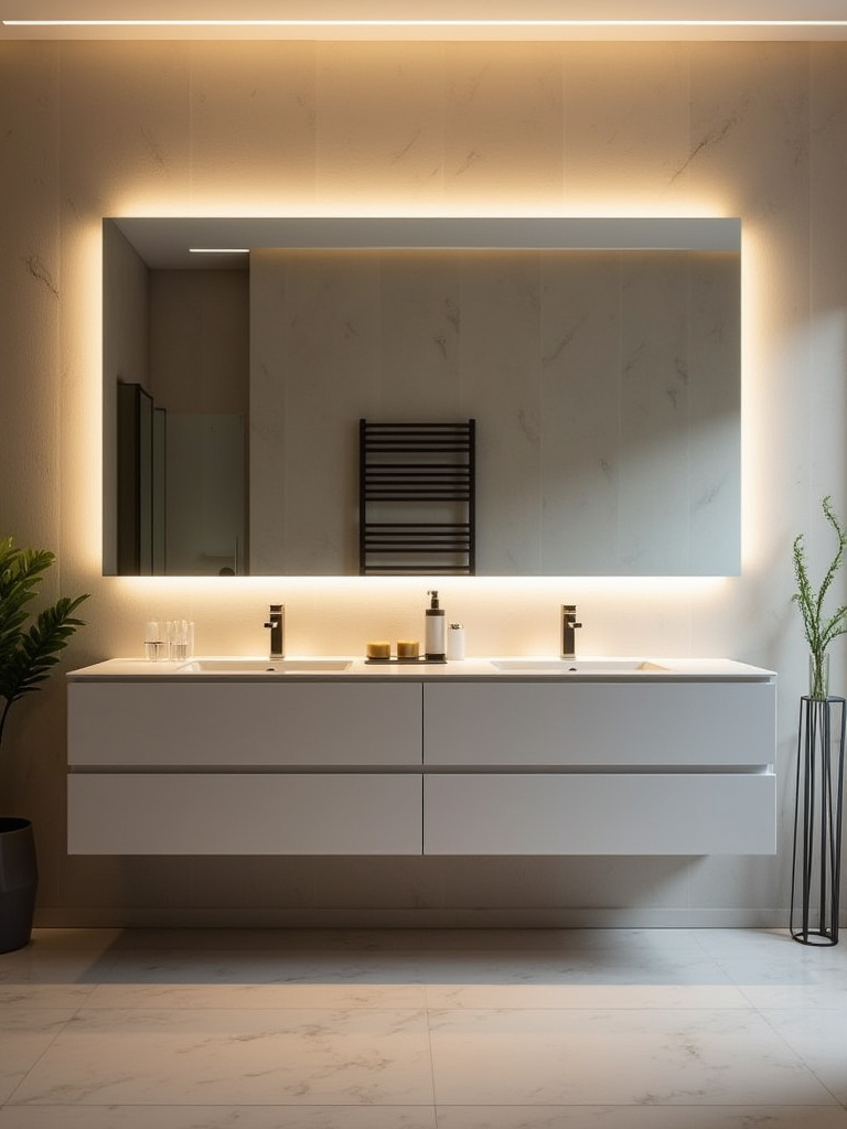 A modern bathroom with a backlit LED mirror above a double vanity, showcasing clean lines and minimalist design.