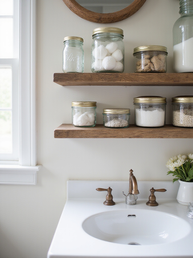Organized farmhouse bathroom with mason jars and vintage containers for storage