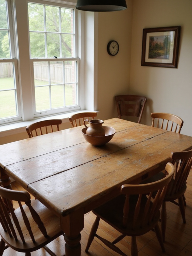 Unique secondhand wooden farmhouse kitchen table with natural patina in a cozy, sunlit dining area.