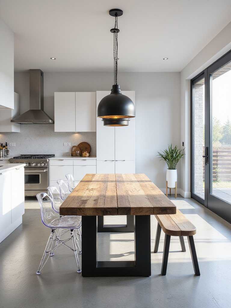Farmhouse table in modern kitchen with white cabinets and minimalist lighting.