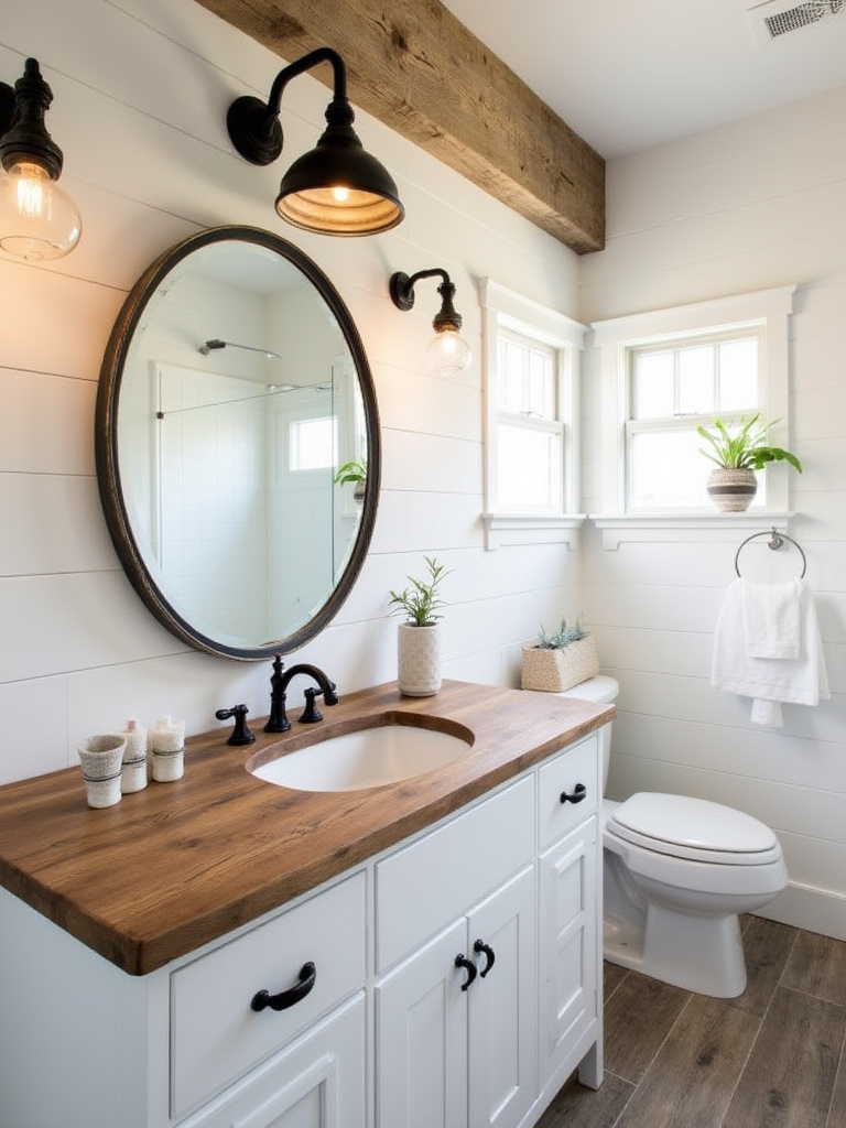 A cozy farmhouse bathroom featuring industrial-style lighting fixtures above a rustic vanity.