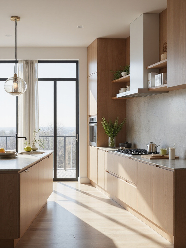 Contemporary kitchen with hidden storage solutions and stylish cabinetry.