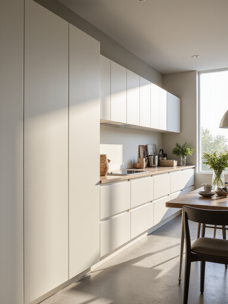 Modern kitchen with smooth, flat-panel cabinet doors and bright natural lighting.