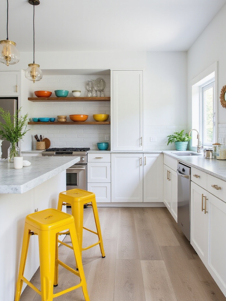 Contemporary kitchen with strategic pops of accent color, featuring yellow bar stools and colorful ceramic bowls.