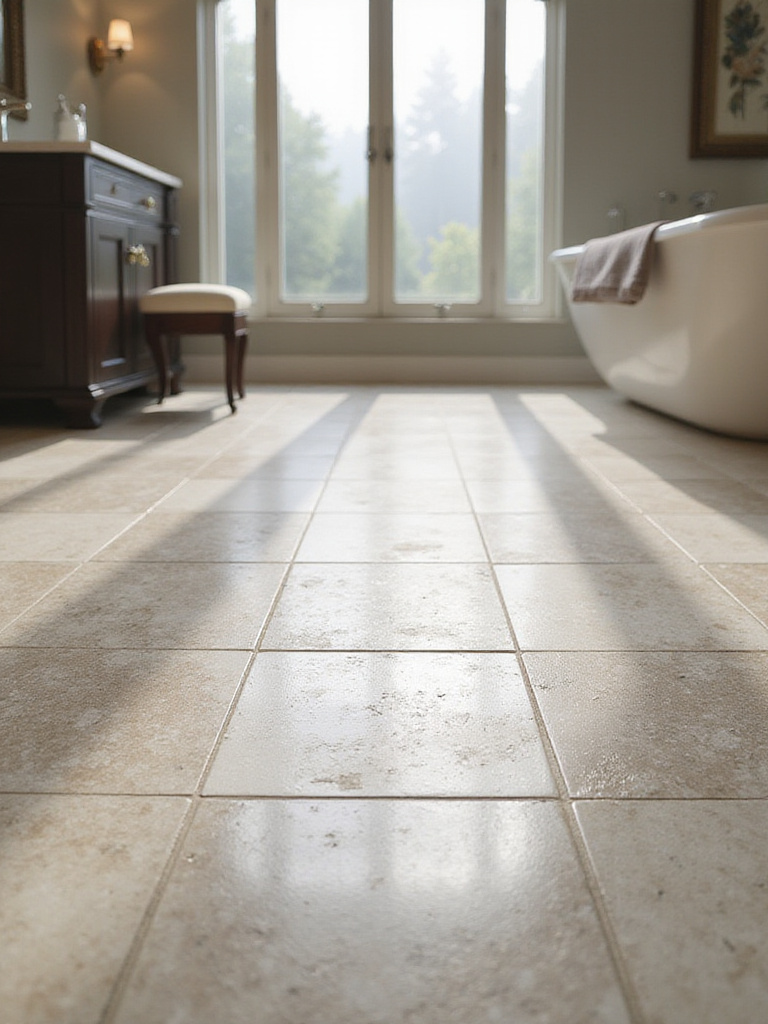 Elegant bathroom floor featuring glossy large format porcelain tiles with natural light