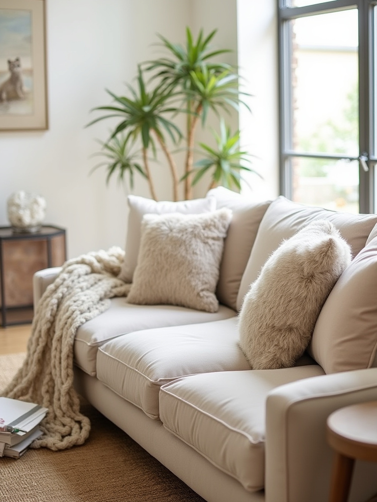 A cream living room with layered textures including velvet sofa, jute rug, and various throw pillows.