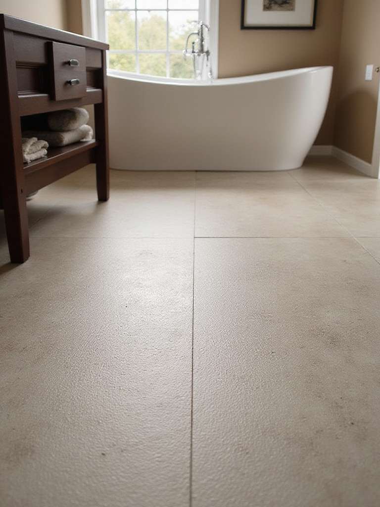 Textured porcelain tile floor in a modern bathroom setting.