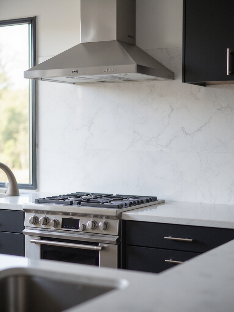 Contemporary kitchen with simple white quartz backsplash and dark cabinetry.