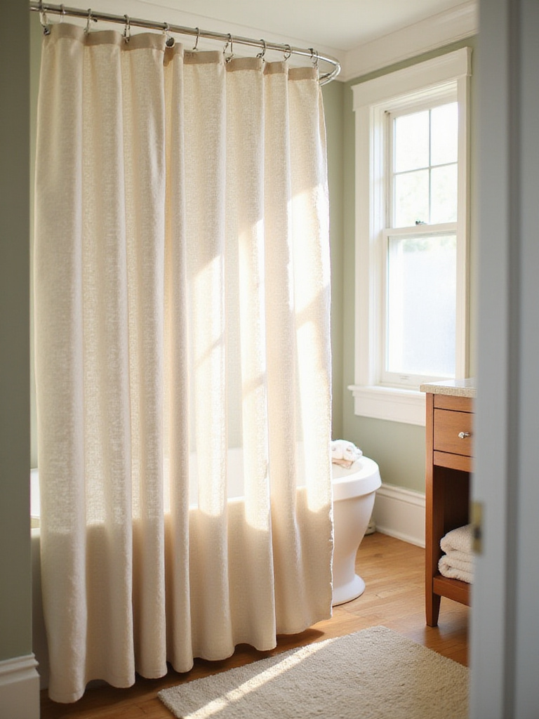 Stylish and clean shower curtain in a well-decorated guest bathroom