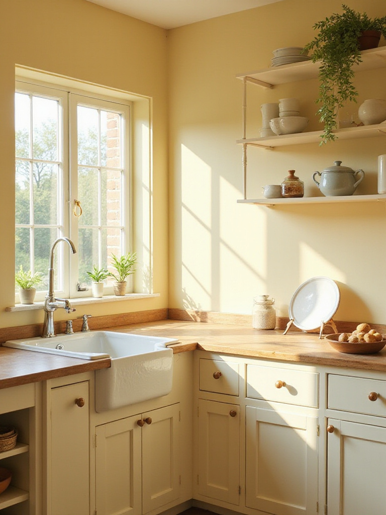 Cozy cottage kitchen with warm yellow walls, natural light, and classic farmhouse sink.