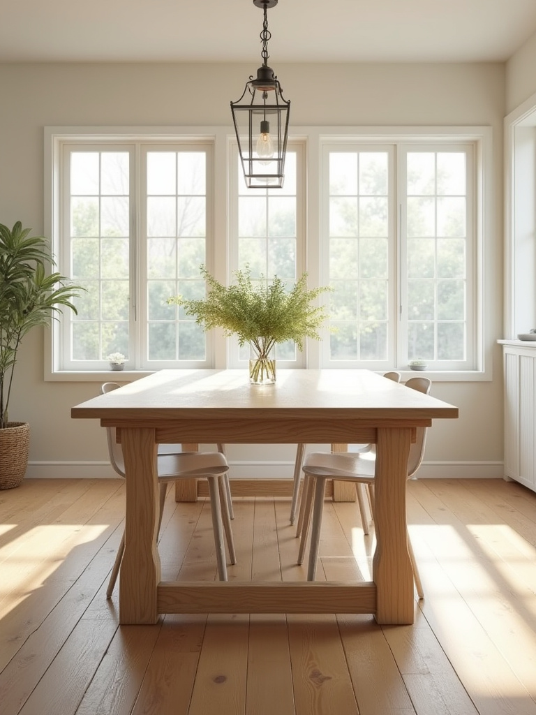 Perfectly sized rectangular farmhouse table in a bright kitchen dining area with ample space and natural light.
