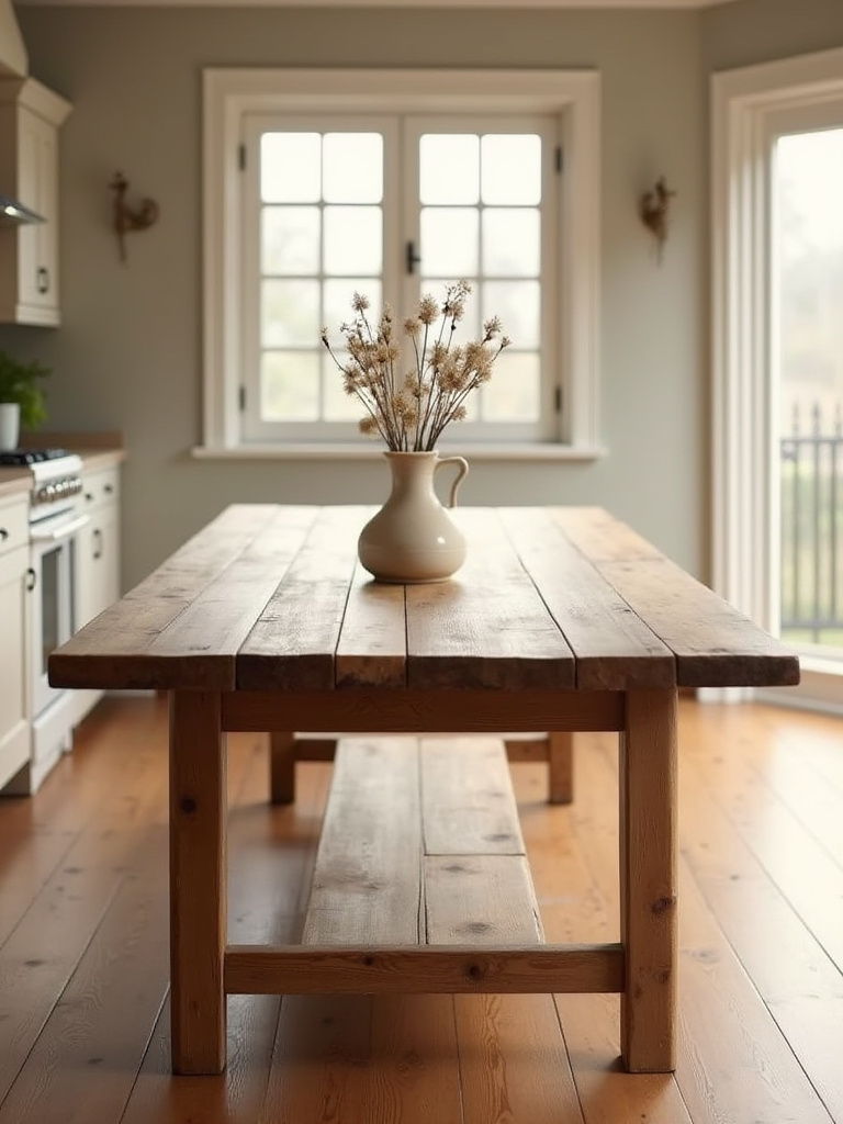 Solid wood farmhouse kitchen table in a spacious kitchen with natural light.