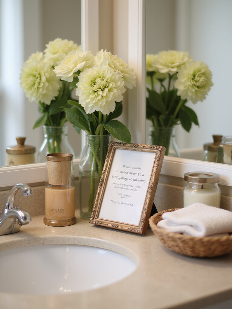A warmly decorated guest bathroom showcasing a welcome note with Wi-Fi information on the vanity.