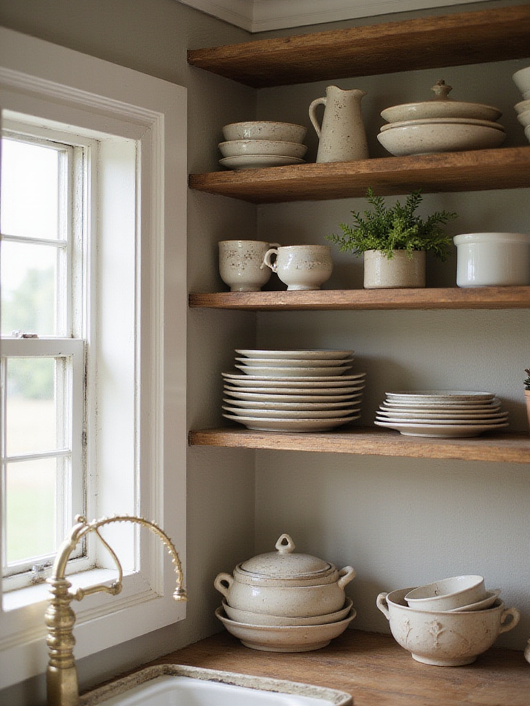Open wooden shelves in a cozy cottage kitchen displaying charming, mismatched ceramic dishes and decor.
