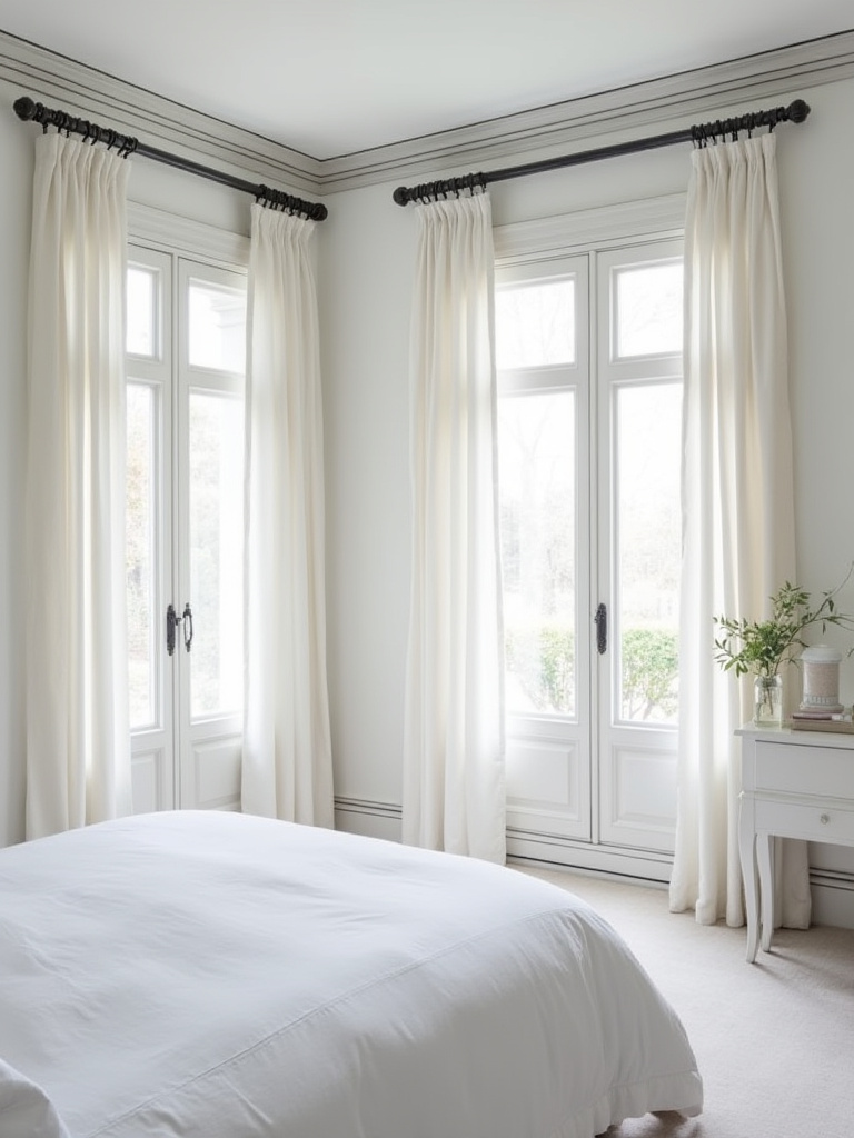 White bedroom with contrasting charcoal grey trim highlighting architectural details.