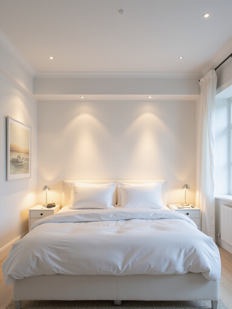 A white bedroom with strategic layered lighting, showcasing ambient, task, and accent lighting.