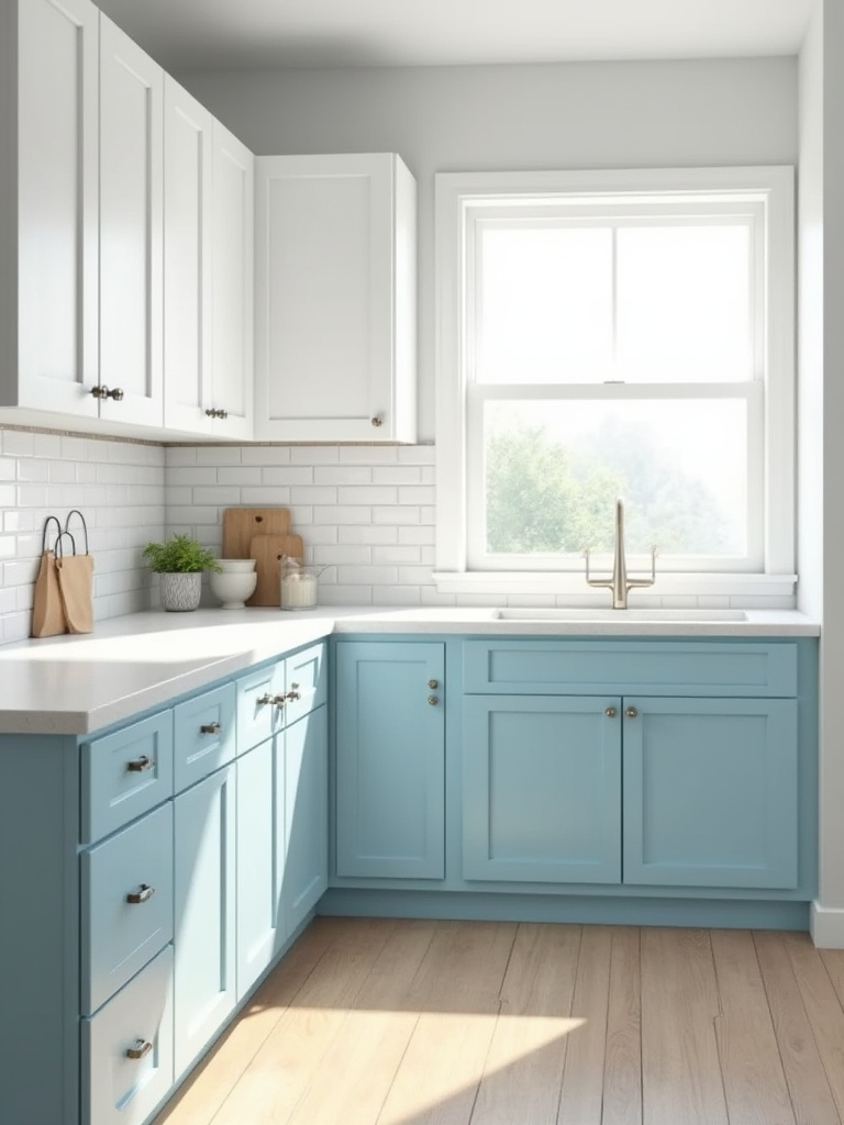 Small kitchen with light blue base cabinets, white uppers, quartz counters, and subway tile, demonstrating space-saving design.