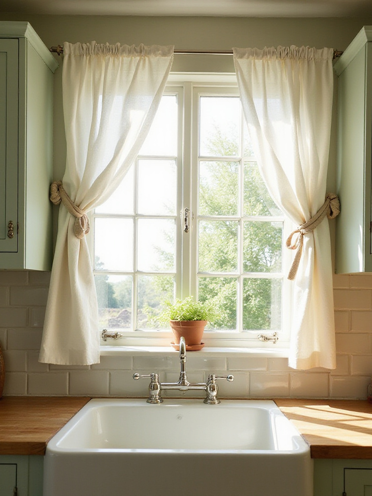 Cottage kitchen window with white linen cafe curtains tied back, farmhouse sink, and herb pot on sill.