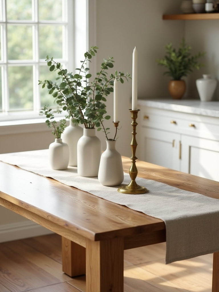 Farmhouse kitchen table styled with linen runner, eucalyptus in ceramic vases, and brass candlesticks under natural light.