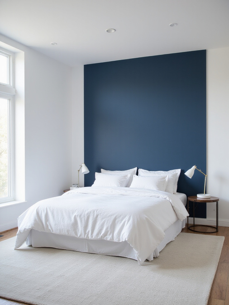 White bedroom with a bold navy blue accent wall behind the bed