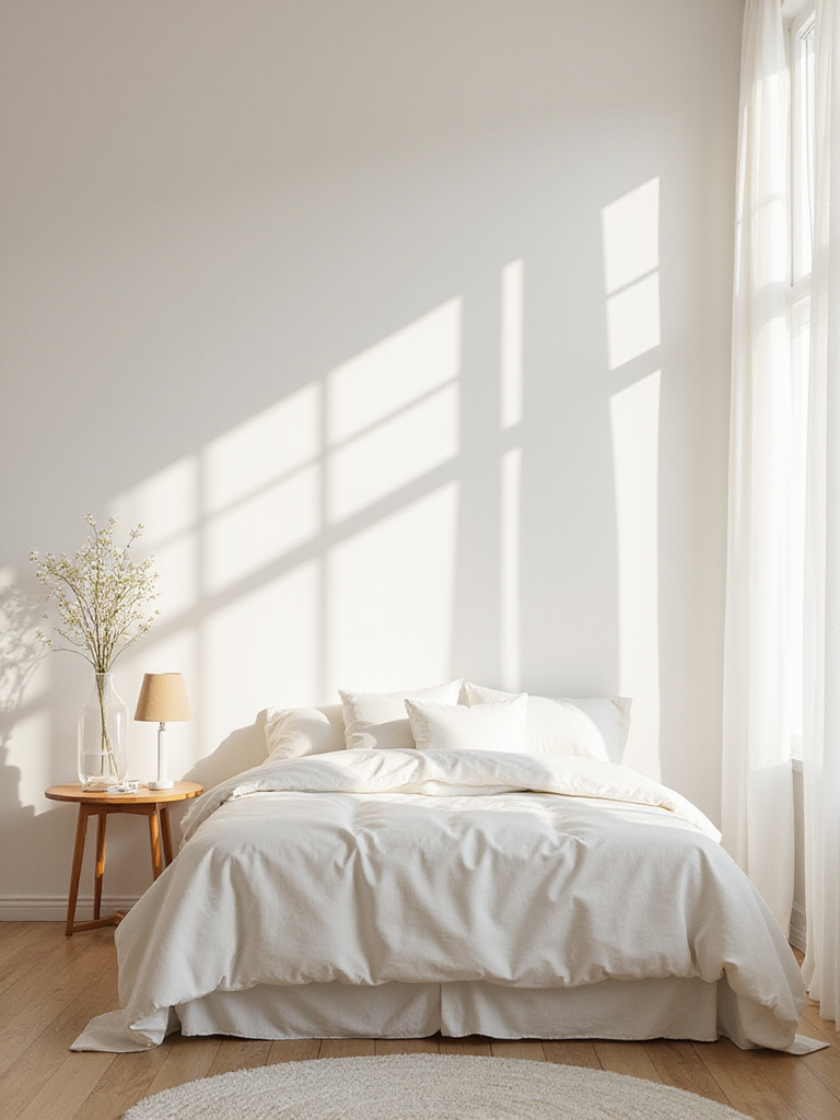 Bright and airy bedroom with white walls and stylish decor