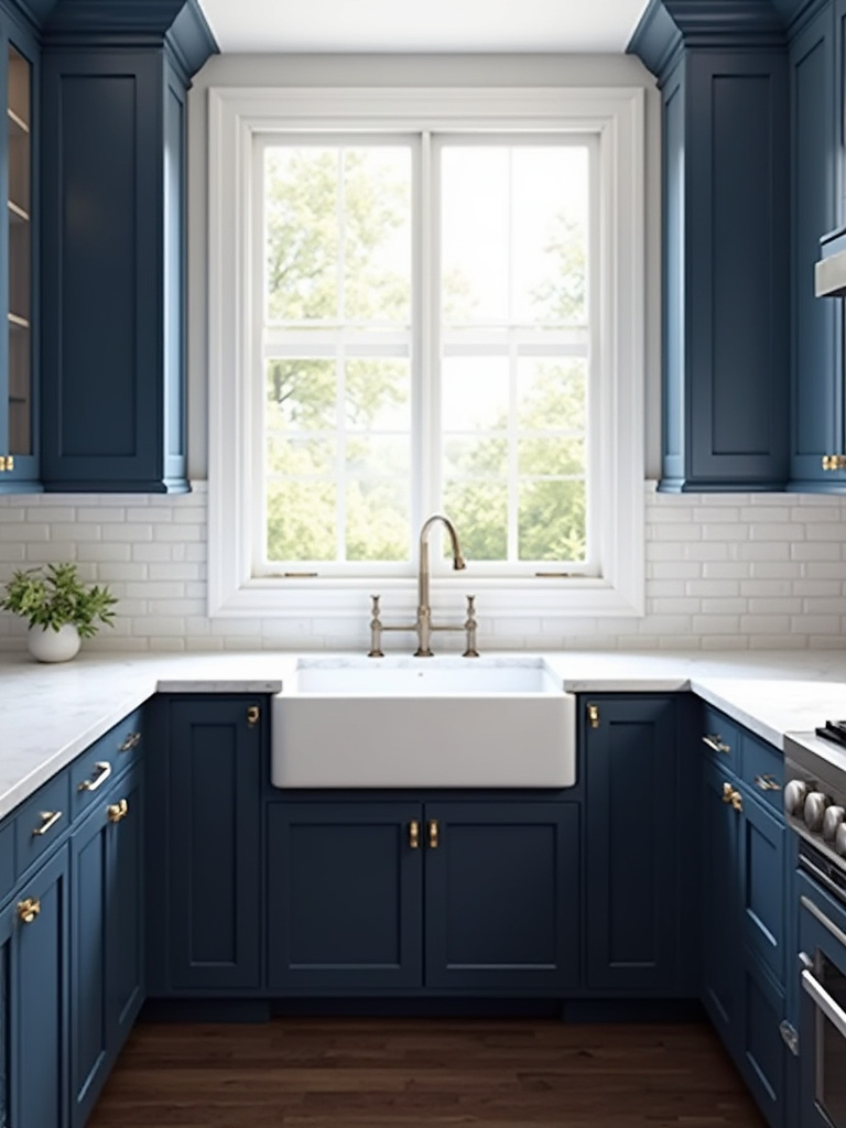 Traditional kitchen with navy blue Shaker cabinets, white marble countertops, subway tile backsplash, and brushed nickel hardware.