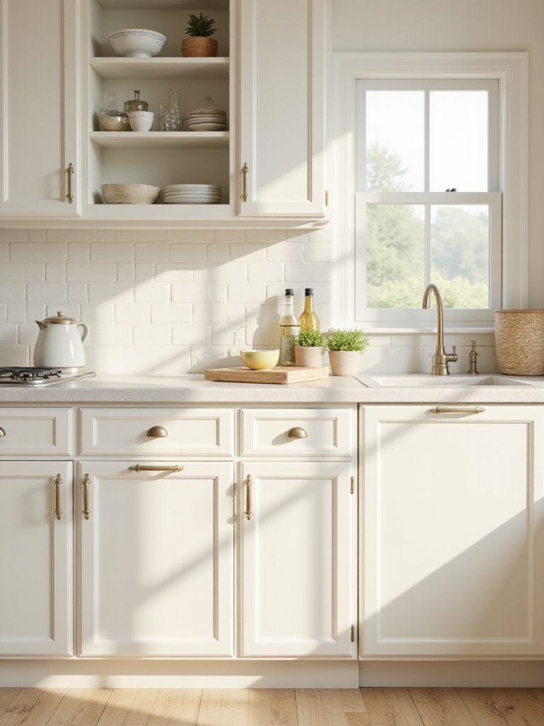 Charming cottage kitchen with freshly painted light-colored cabinets, showcasing a budget-friendly update.