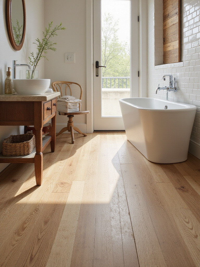 Professional photo of a modern bathroom with engineered wood flooring showcasing its texture and aesthetic appeal.
