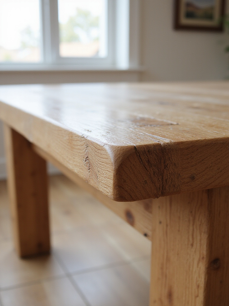 Close-up of durable hardwood farmhouse kitchen table corner showing tight grain.