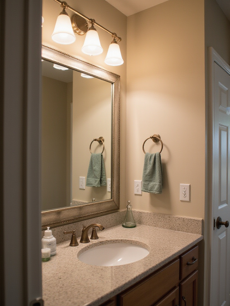 Over-mirror lighting fixtures illuminating a bathroom vanity without shadows.