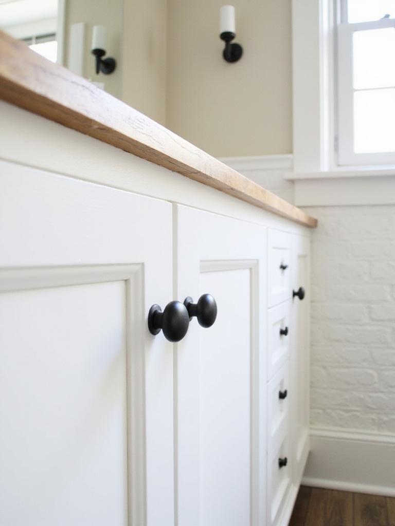 Farmhouse bathroom vanity with matte black bin pulls and round knobs
