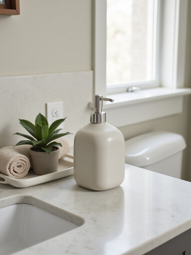 Chic refillable soap dispenser on a bathroom counter with natural lighting.