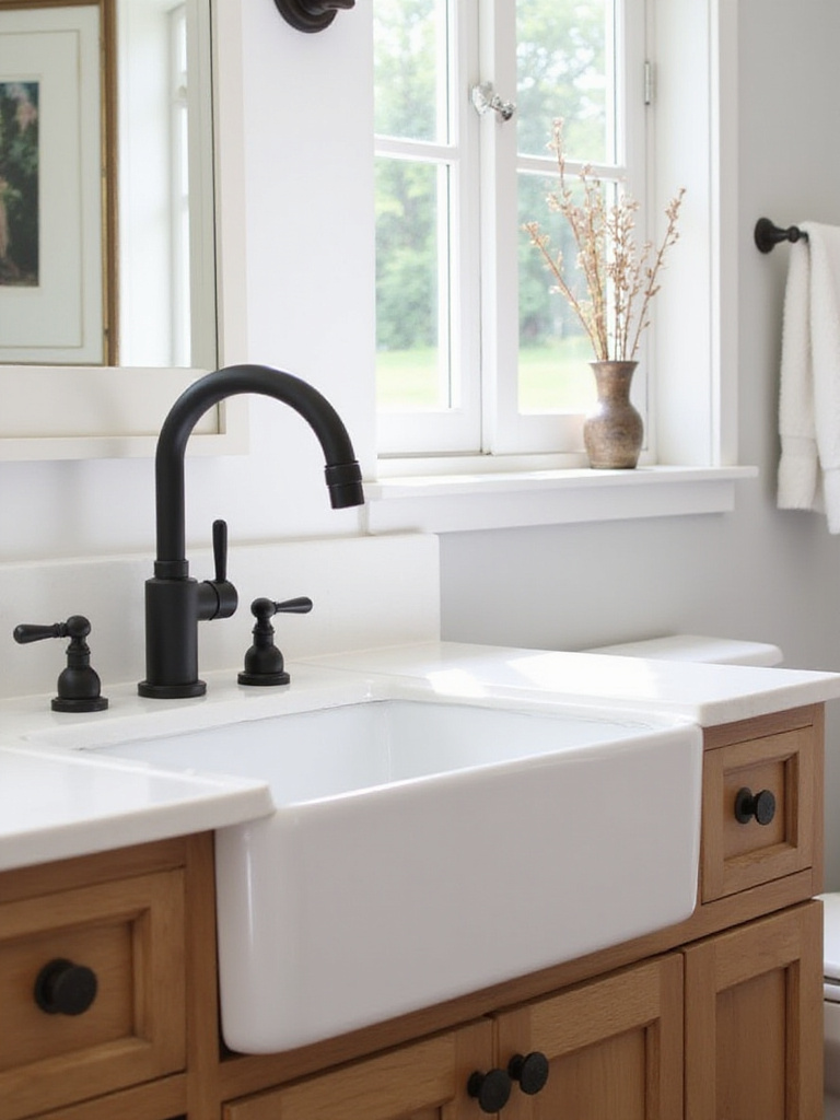 Farmhouse bathroom with matte black and aged bronze fixtures