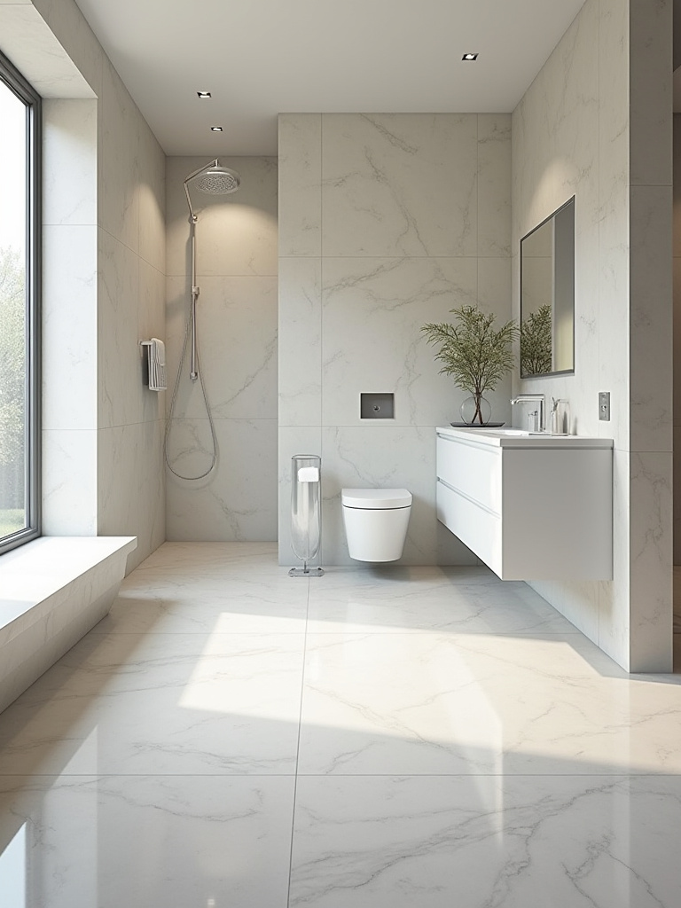 Modern bathroom with large format tiles creating a seamless look