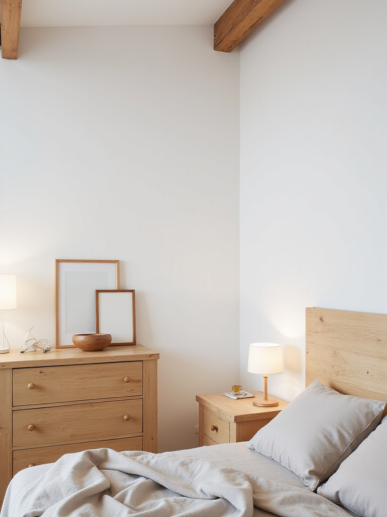 Cozy bedroom with white walls and natural wood accents