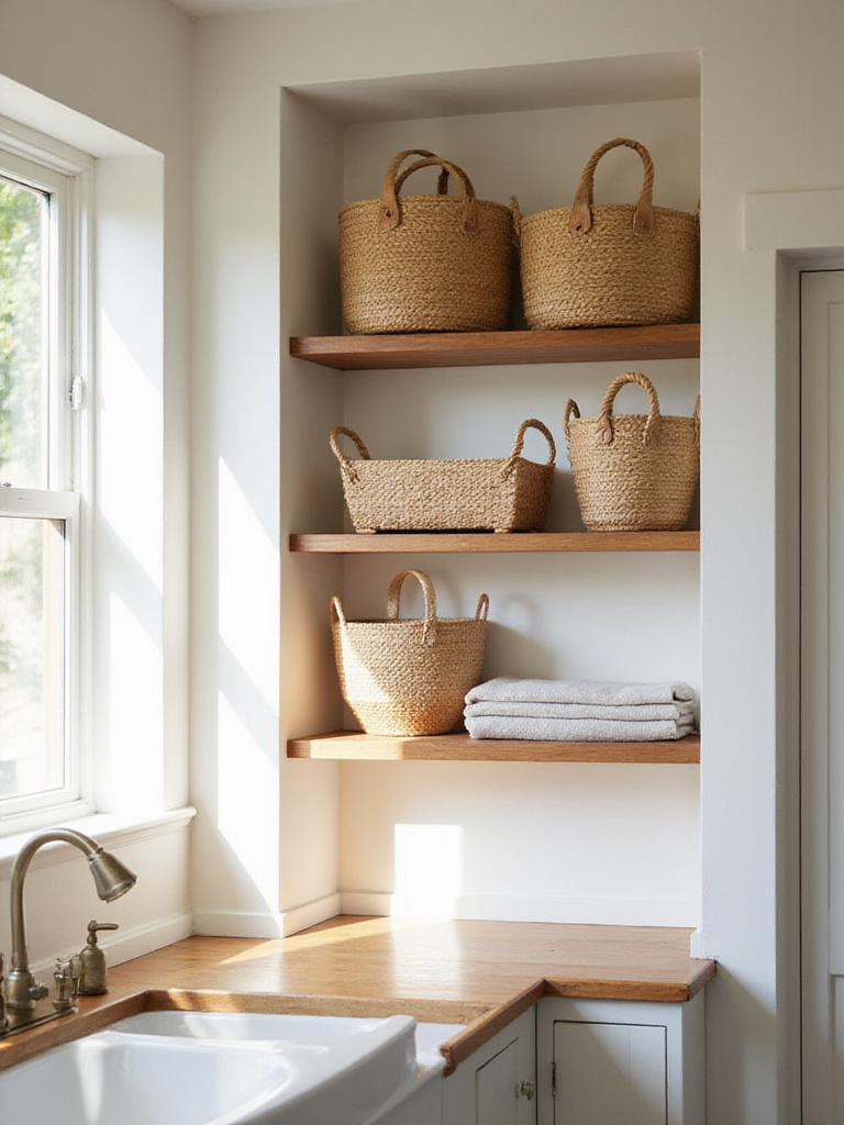 Woven baskets organized on open shelves in a cozy cottage kitchen, adding texture and storage.