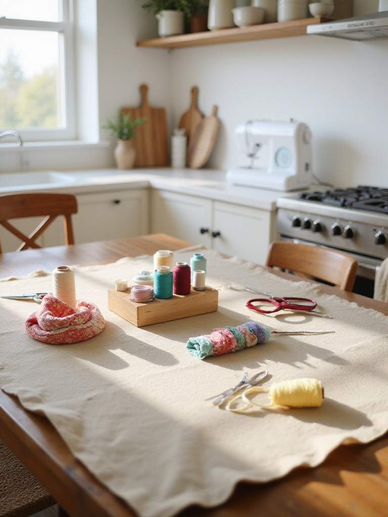 Farmhouse kitchen table used as a crafting station with supplies and protective mat in bright kitchen.
