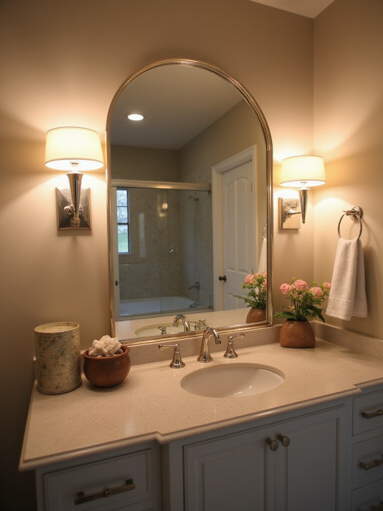 Elegant bathroom vanity with over-mirror lights and side sconces providing optimal illumination.
