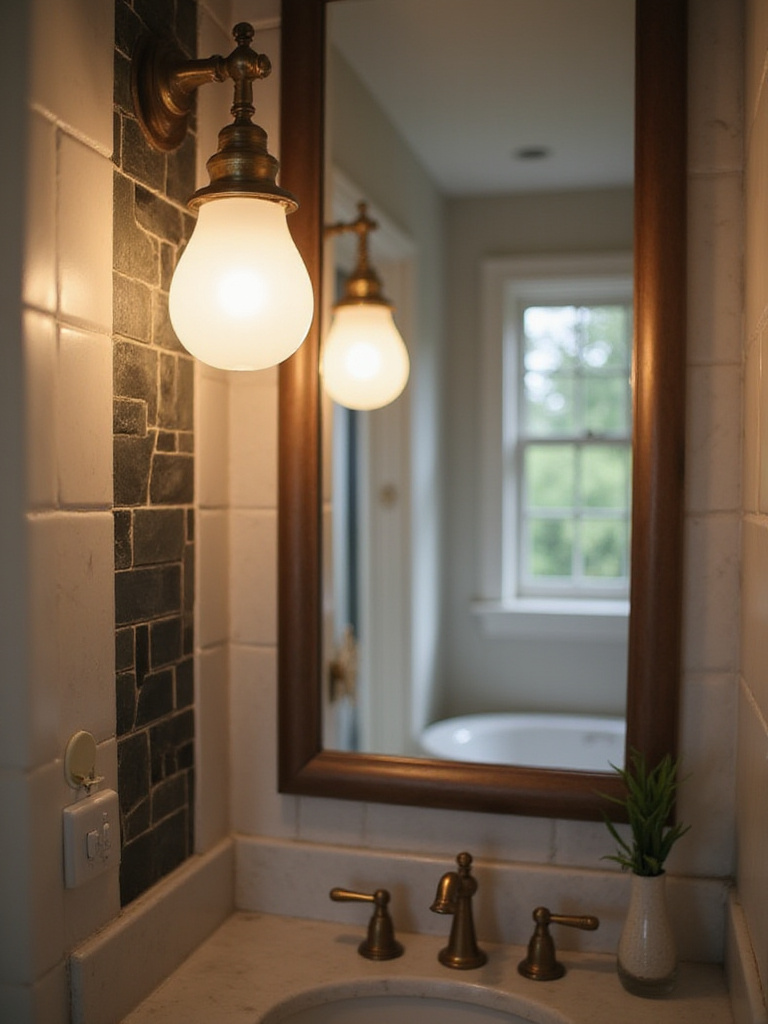 A stylish bathroom vanity with a damp-rated light fixture illuminating a mirror.