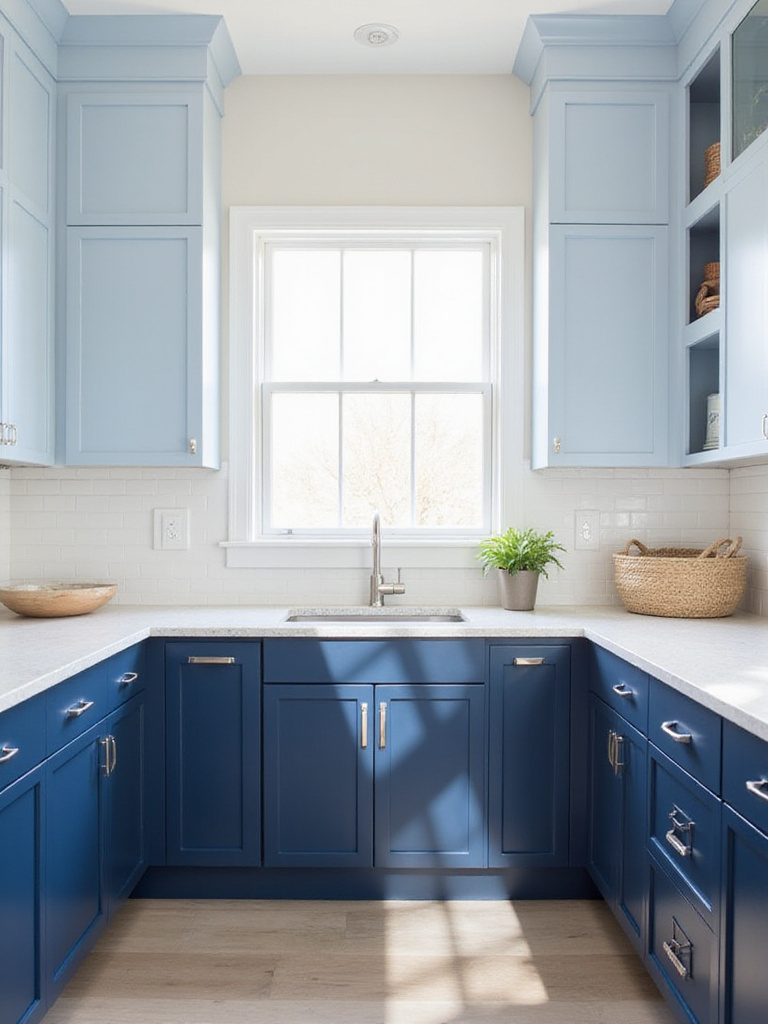 Modern kitchen design featuring blue cabinets paired with soft creamy white walls.