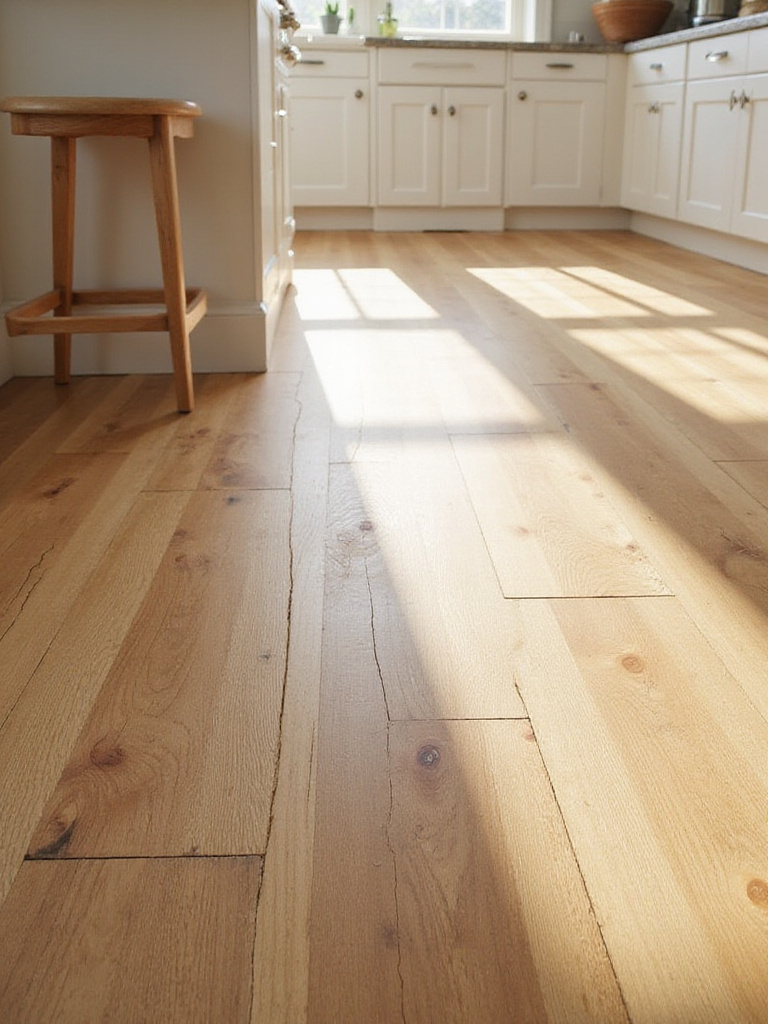 Natural wood plank floor in a warm cottage kitchen, bathed in sunlight, showcasing rustic charm.