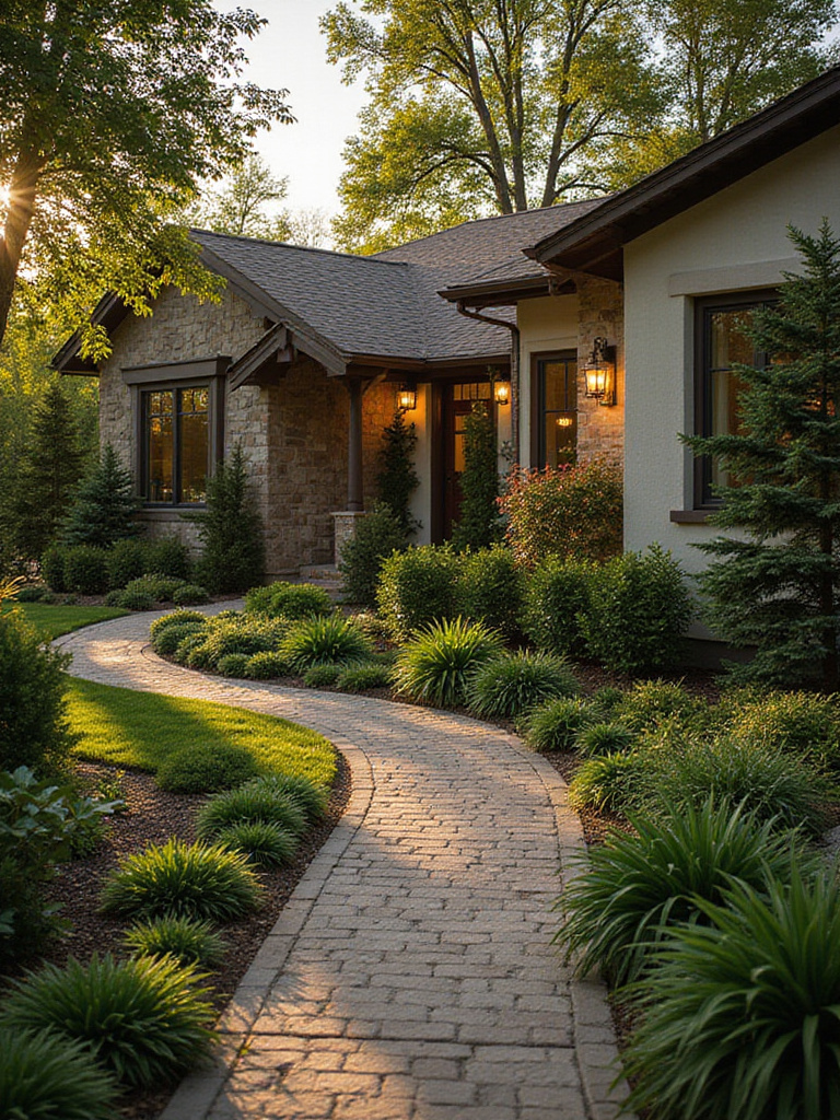 Professionally designed front yard with native plants and elegant pathway lighting.